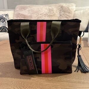 HAUTE SHORE Camo Tote with Pink and Coral Center Stripes